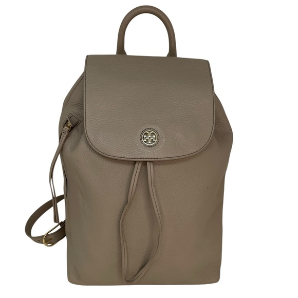 TORY BURCH Backpack Taupe Brown Leather Flap Top Drawstring Adjustable Straps main image 11